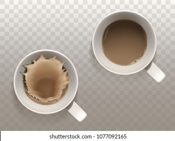Vector realistic set with two cups of coffee, liquid splash, top view isolated on translucent background. White mugs with hot, strong drink for morning breakfast, cappuccino, latte. Mockup for design