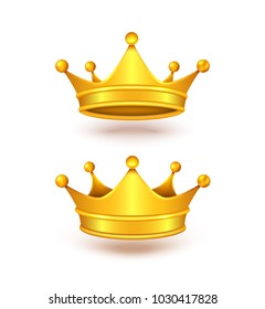 Vector realistic set of two golden crowns, metal headdress of royal person, emperor, monarch, king or queen isolated on background. Symbol of power, monarchy, success, wealth, element of vip emblem