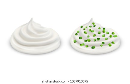 Vector realistic set of two handfuls of white sour cream, yogurt, sauce tartar, soft cheese, mayonnaise with sliced green chives isolated on background. Natural condiment for eating and cooking