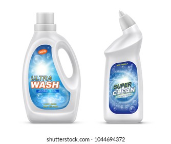 Vector realistic set of two plastic white bottles with labels, liquid detergent for dirty laundry, toilet or sink cleaner, antibacterial gel for cleaning bathroom. Mockup for brand and package design