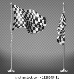 Vector realistic set of two racing flags on steel poles isolated on transparent background. Checkered waving canvas to check start or finish of car races, rally. Mockup for your design