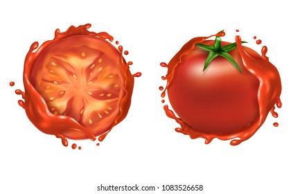 Vector realistic set of two red ripe tomatoes, whole fresh vegetable and half, with liquid splashes around them. Natural, organic food for healthy eating. Mockup for juice or ketchup package design