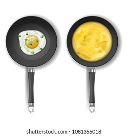 Vector realistic set of two round frying pans with non-stick coating isolated on background. On one fried eggs with greens, on another delicious omelette, healthy food for morning breakfast or lunch