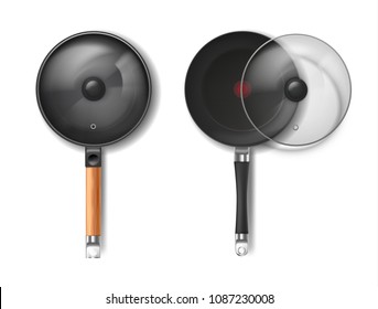 Vector realistic set of two round frying pans with glass lids, with red thermo-spot indicator and non-stick coating isolated on background. Modern cookware, kitchen equipment for frying, cooking food