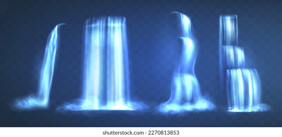 Vector realistic set of waterfalls isolated on blue background. Water fall liquid streams falling from mountains with cascade, splashes and drops, fog or mist. Fast flow of pure aqua.