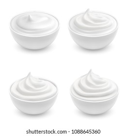 Vector realistic set of white bowls with sour cream, mayonnaise, yogurt, sweet dessert, soft cheese. Ceramic cups with cosmetic product for skincare isolated on background. Mockup for your advertising
