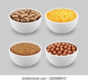 Vector realistic set of white plastic bowls with corn pads, rings, balls and cornflakes isolated on gray background. Cereals breakfast collection