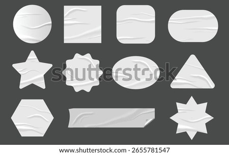 Vector realistic set of white wrinkled paper sticker various shapes, wrinkled paper texture, promotion and sale tag