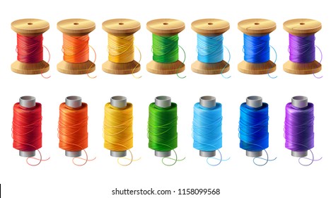 Vector realistic set of wooden and plastic bobbins, spools with colored thread isolated on background. Equipment for sewing, tailoring, accessory for needlework and clothing repair