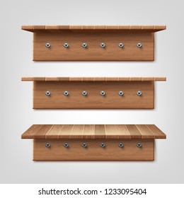 Vector realistic set of wooden shelf with clothes hanger hooks isolated on wall background