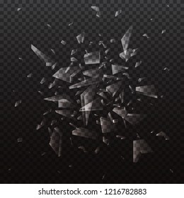 Vector realistic shards of broken glass. Shattered glass pieces isolated on black background. Abstract explosion. 