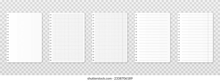 Vector realistic sheets of paper. Torn sheets of paper png. Checkered sheets, lined sheets, blank sheet mockup png.