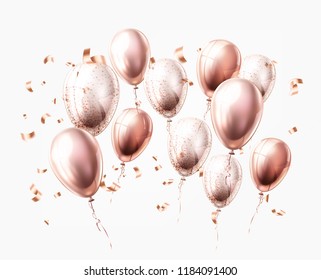 Vector realistic shiny air balloons with confetti. Glossy decoration for birthday, anniversary corporate events, wedding or surprise gift design. Pink festive xmas christmas, new year holiday element