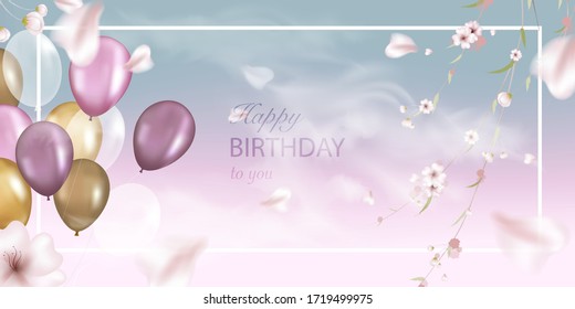 Vector realistic shiny balloons with confetti. Glossy decoration for a birthday, anniversary corporate events. Holiday background with balloons and rose petals