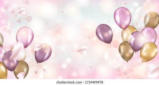 Vector realistic shiny balloons with confetti. Glossy decoration for a birthday, anniversary corporate events. Holiday background with balloons and rose petals