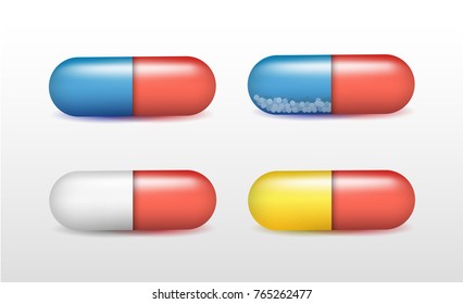Vector realistic shiny colorful capsules with shadow isolated on white background