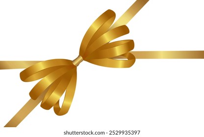 Vector realistic Shiny gold satin ribbon with bow on white background. Christmas gift, valentines day, birthday wrapping element decoration, element for holidays design, realistic illustration