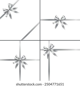 Vector realistic shiny silver ribbon with bow design collection- gift wrapping decoration on white background