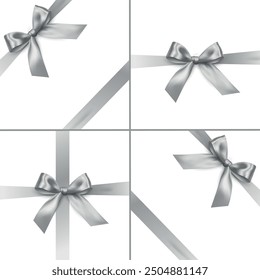 Vector realistic shiny silver ribbon with bow design collection- gift wrapping decoration on white background