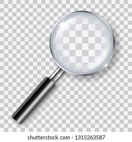 Vector realistic shiny transparent magnifying glass with shadow isolated on transparent background - analysis, search, exploration