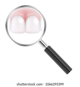 Vector realistic shiny white front teeth under magnifying glass