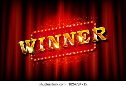 Cartel vectorial realista Ganador y Felicidades en el fondo de la cortina roja. Los focos iluminan la inscripción. Modelación de plantilla para felicitaciones, victoria, éxito, logro, liderazgo