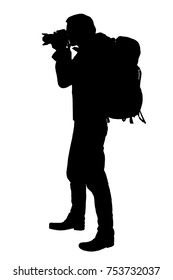 Vector realistic silhouette of a standing photographer with a backpack on the back, isolated on a white background