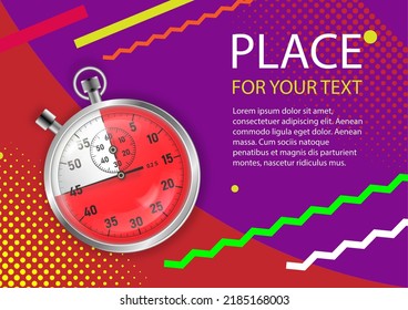Vector realistic silhouette of a stopwatch with the position of the arrow 45 seconds. Background with stopwatch