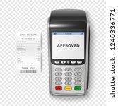 Vector Realistic Silver 3d Payment Machine. POS Terminal with Receipt Closeup Isolated. Design Template of Bank Payment Terminal, Mockup. Processing NFC payments device. Top View