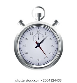 Vector realistic silver classic stopwatch icons. Shiny metal chronometer, time counter with dial. Measurement for sport, start and finish. 