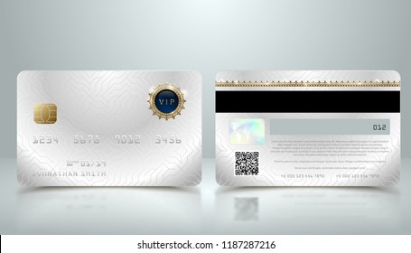 Vector realistic silver credit card with abstract geometric background. Golden element credit card metallic design template. Bank presentation with hologram, qr-code and magnetic strip.