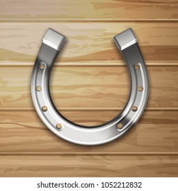 Vector realistic silver horseshoe on a woody background