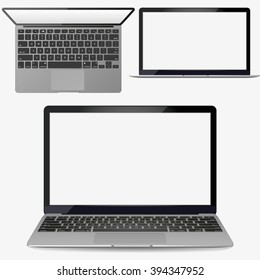 Vector  Realistic Silver Laptop Front And Top View. Set