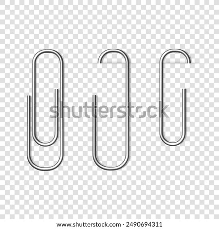 Vector realistic silver metal paper clip isolated on transparent background.