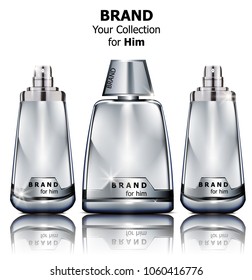 Vector realistic silver perfume bottles mock up. Product packaging detailed cosmetics