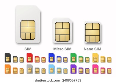 Vector Realistic SIM Card Set. SIM Card Closeup Isolated in Front View. Design Template for Mockup. Standard, Micro and Nano Size