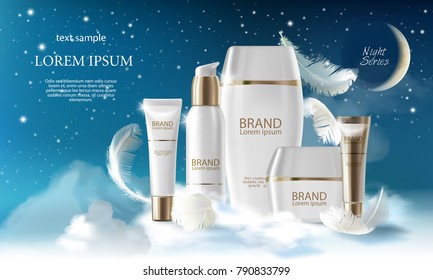 Vector realistic skin care big night series. Jar, spray, tube, container with cosmetic cream on night background with clouds. 3d template mock up for branding to promote luxury cosmetic product.