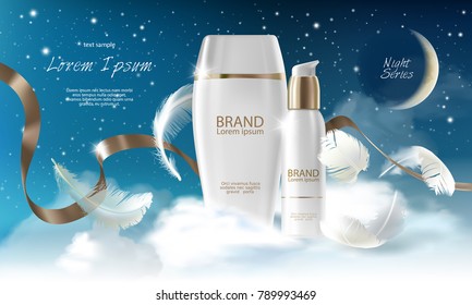 Vector realistic skin care cream night series. Jar, spray, container with cosmetic cream on night background with clouds. 3d template mock up for branding to promote luxury cosmetic product.