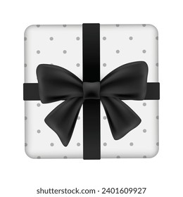 Vector realistic sliver gift box with black bow and ribbon.