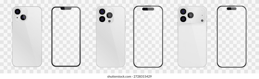 Vetor smartphone realista, 17 pro e 15 pro. Png de conjunto de gadgets realista. Dispositivo eletrônico vetorial com ecrã vazio em branco isolado sobre fundo transparente.