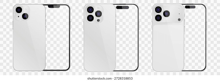 Vetor smartphone realista, 17 pro e 15 pro. Png de conjunto de gadgets realista. Dispositivo eletrônico vetorial com ecrã vazio em branco isolado sobre fundo transparente.