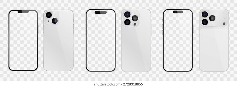 Vetor smartphone realista, 17 pro e 15 pro. Png de conjunto de gadgets realista. Dispositivo eletrônico vetorial com ecrã vazio em branco isolado sobre fundo transparente.