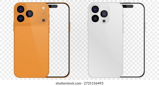 Smartphone vetorial realista, 17 pro orange trend e 15 pro. Conjunto de gadgets realista png. Dispositivo eletrônico do vetor com tela vazia em branco isolada no fundo transparente.