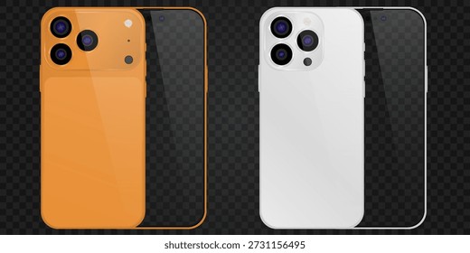 Smartphone vetorial realista, 17 pro orange trend e 15 pro. Conjunto de gadgets realista png. Dispositivo eletrônico do vetor com tela vazia em branco isolada no fundo transparente.