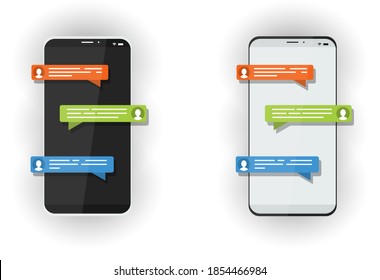 Vector realistic smartphone isolated on white background. Pop-up messages, notifications on the phone. Social network correspondence. 3d isometric illustration cell phone