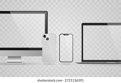 Smartphone, laptop, tablet, conjunto de computadores com vetor realista. Png de conjunto de gadgets realista. Dispositivos vetoriais com tela branca vazia em branco isolada no plano de fundo transparente.