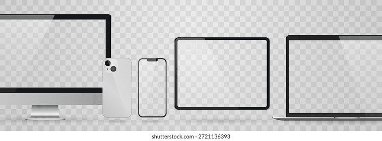 Smartphone, laptop, tablet, conjunto de computadores com vetor realista. Png de conjunto de gadgets realista. Dispositivos vetoriais com tela branca vazia em branco isolada no plano de fundo transparente.