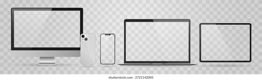 Smartphone, laptop, tablet, conjunto de computadores com vetor realista. Png de conjunto de gadgets realista. Dispositivos vetoriais com tela branca vazia em branco isolada no plano de fundo transparente.