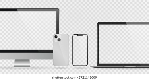 Smartphone, laptop, tablet, conjunto de computadores com vetor realista. Png de conjunto de gadgets realista. Dispositivos vetoriais com tela branca vazia em branco isolada no plano de fundo transparente.