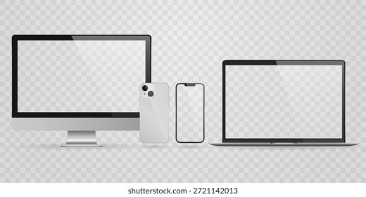 Smartphone, laptop, tablet, conjunto de computadores com vetor realista. Png de conjunto de gadgets realista. Dispositivos vetoriais com tela branca vazia em branco isolada no plano de fundo transparente.